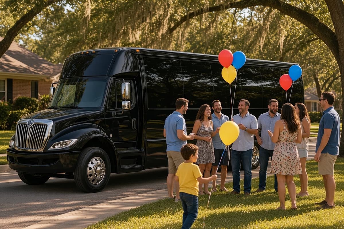 A group with balloons gathered next to our party bus in a shady neighborhood before a day trip
