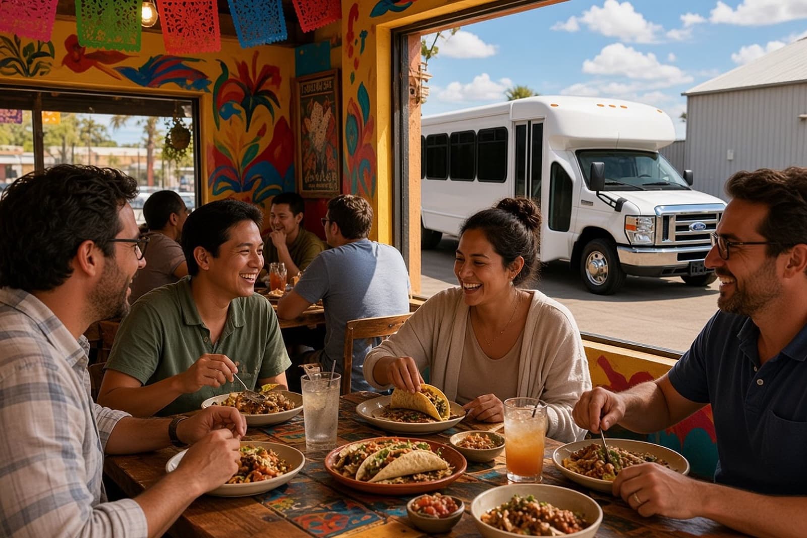 Group sampling dishes on a food tour