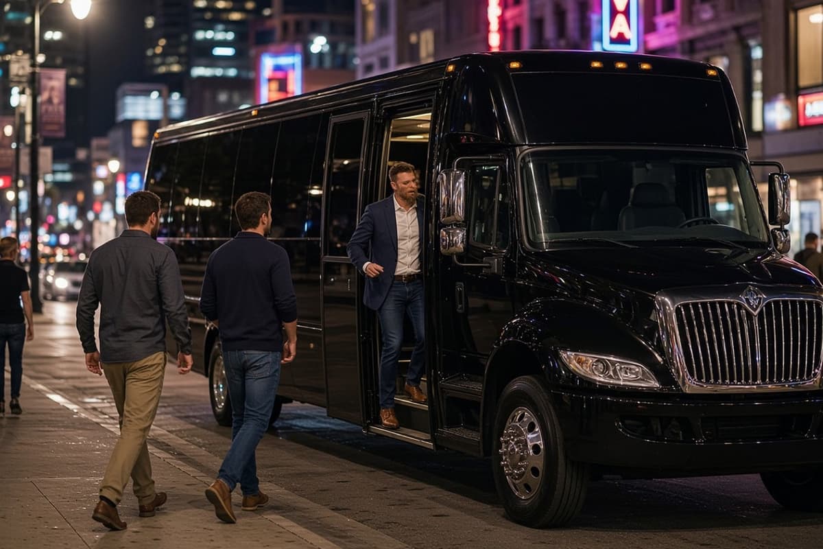 Riders stepping off our party bus on a downtown Austin street at night