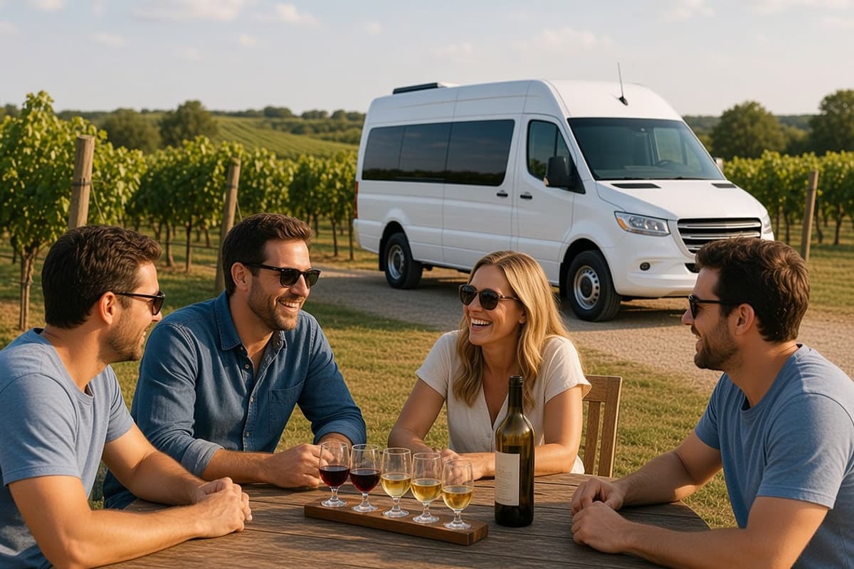 Our white sprinter van parked at a Hill Country vineyard while a group works through a tasting flight