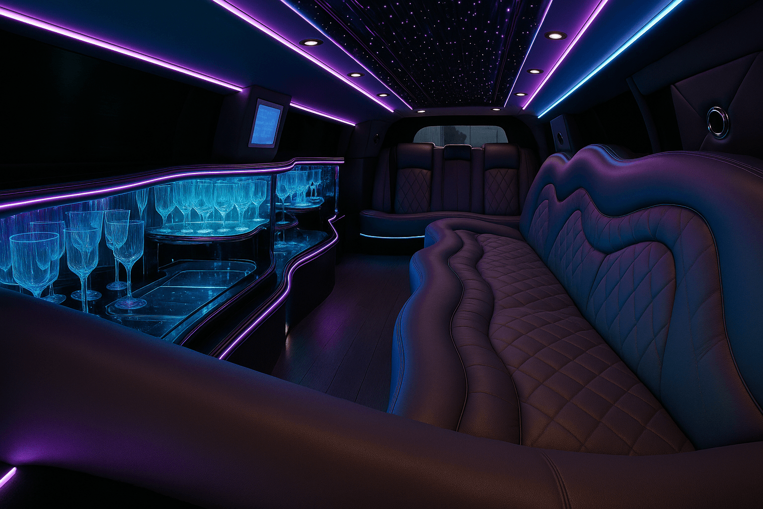 Leather seating and cabin lighting inside an Austin Party Ride white stretch limo