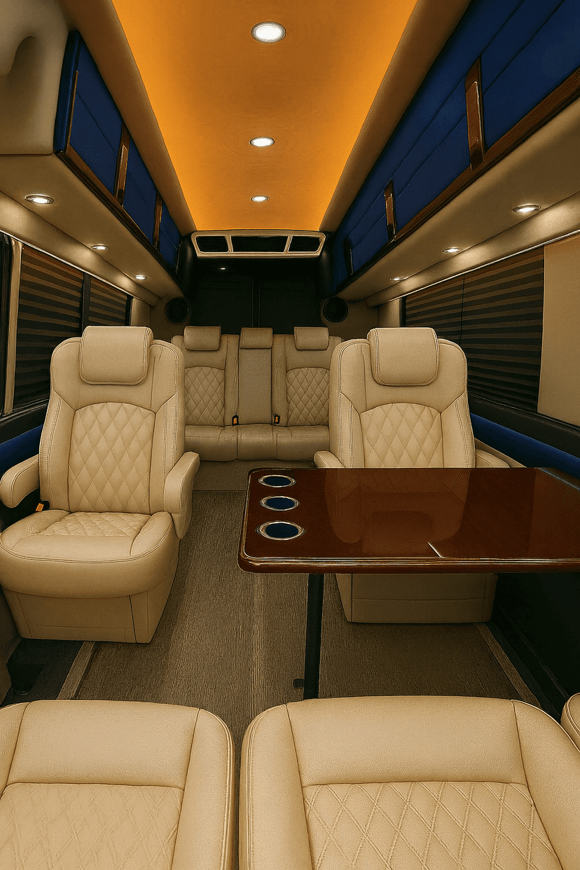 Executive seating inside a 12-passenger sprinter van used for corporate groups