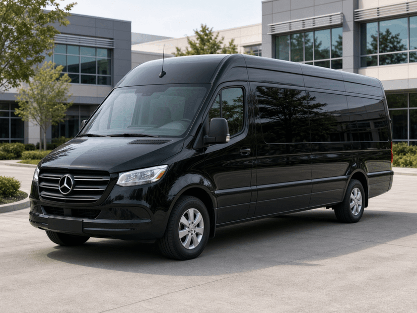 14-passenger executive sprinter van parked before a corporate pickup