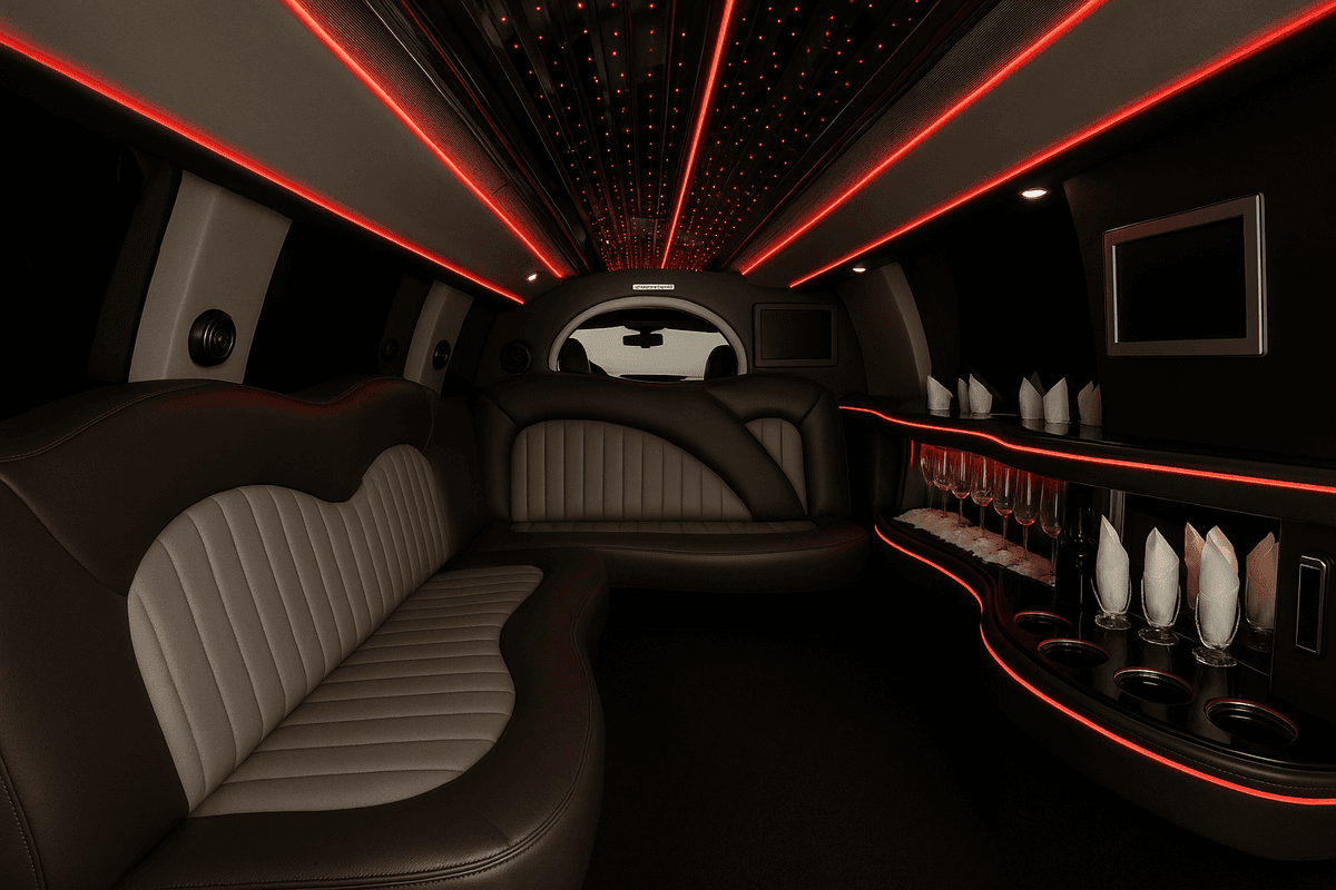Inside our 14-passenger Navigator limo: leather seating and mood lighting