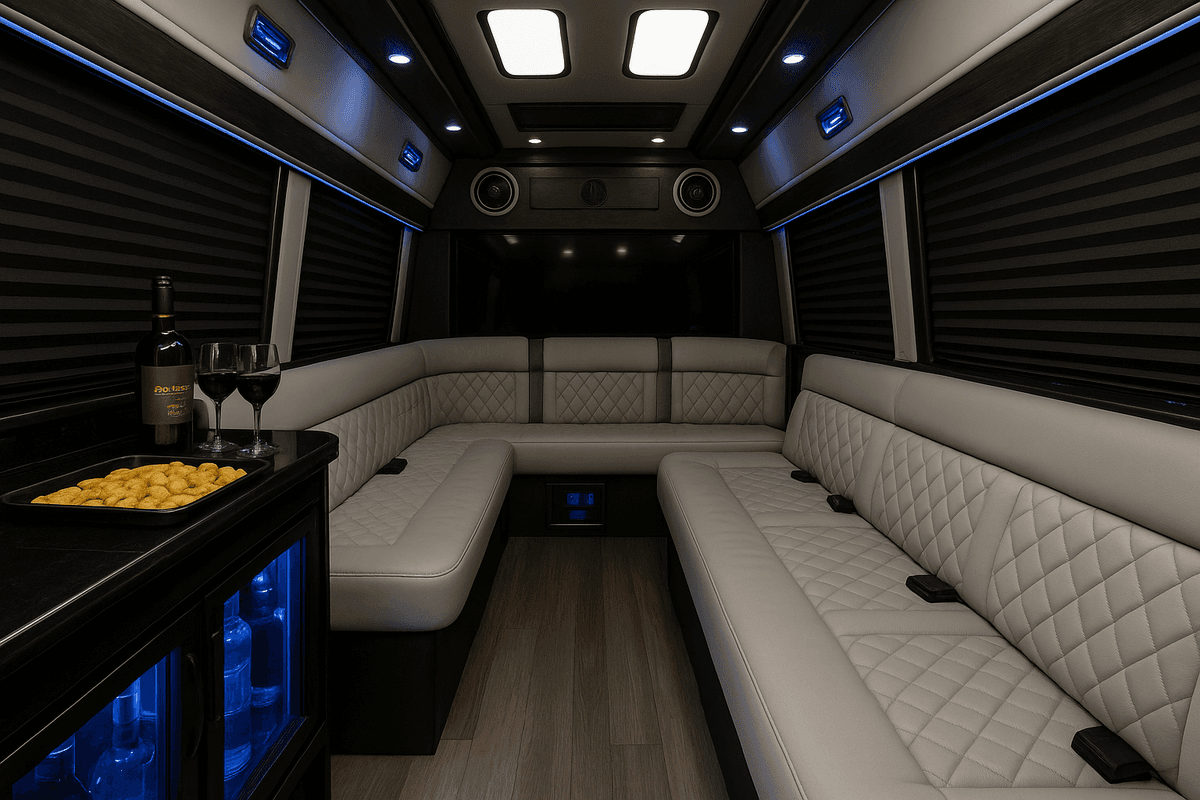 Inside our 14-passenger limo sprinter, the vehicle most brewery groups of 12 to 14 end up in