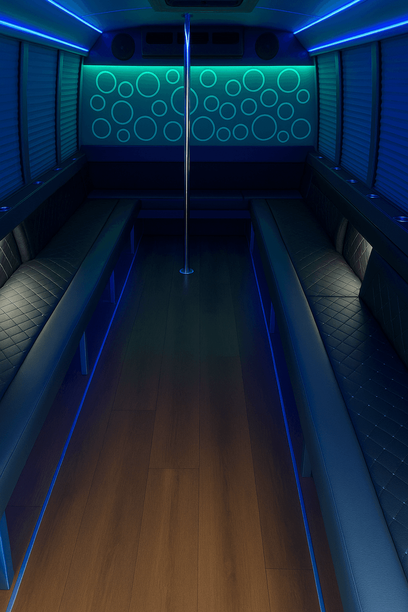 Wrap-around leather seating inside a 16-passenger party bus, the size most Austin prom groups book