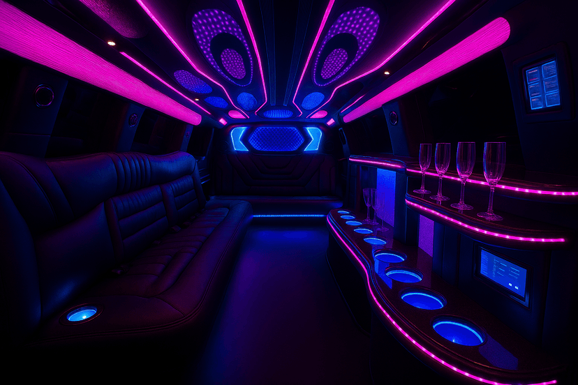 Leather seating and bar inside an 18-passenger Escalade limo