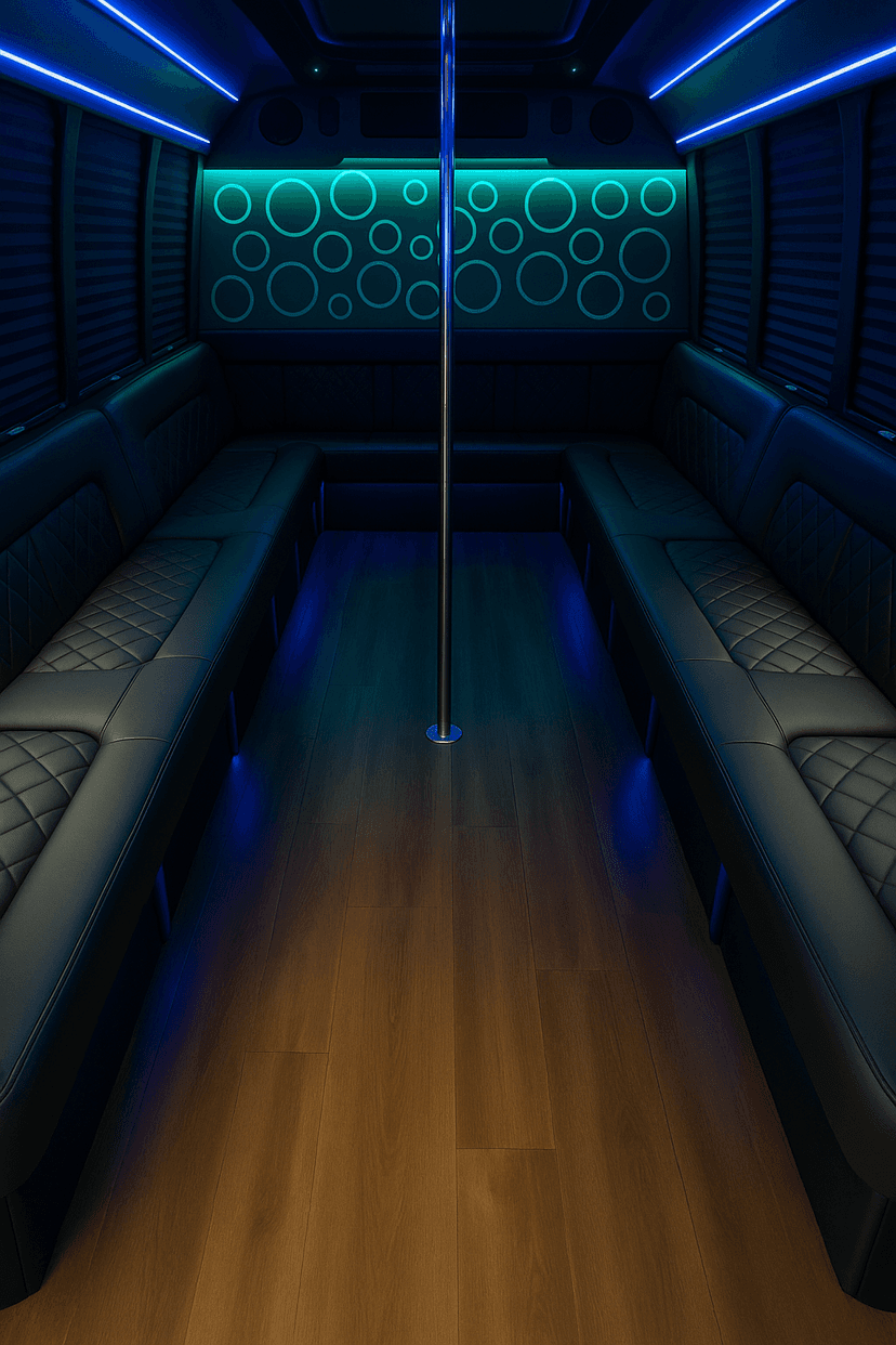 Inside a 20-passenger party bus with wrap-around seating and LED lighting