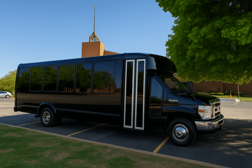 22-passenger party bus at night, ready for a birthday pickup