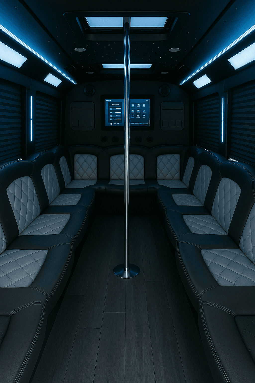 22 Passenger Party Bus interior, a common choice for club crawl in Austin