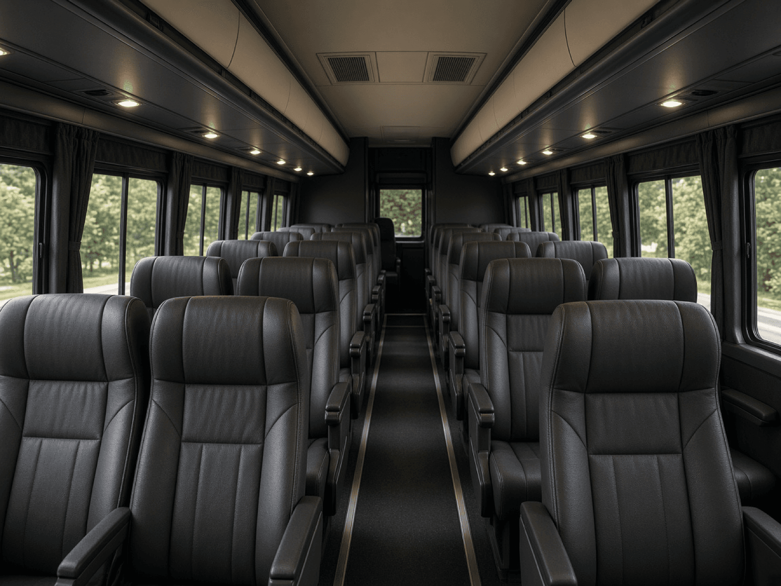 26 Passenger Shuttle Bus interior, a common choice for retirement parties in Austin