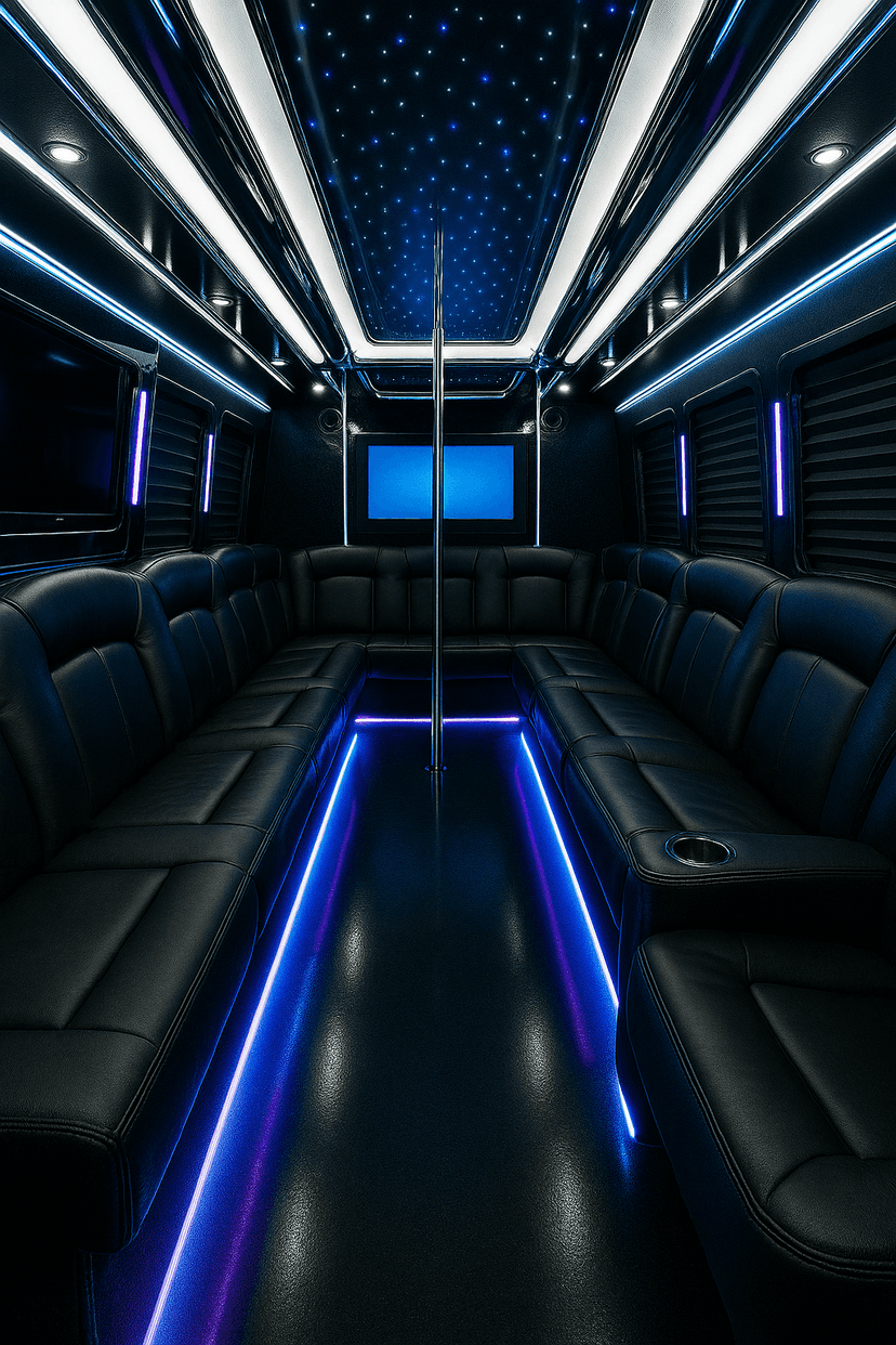 LED lighting and wrap-around seating inside a 26-passenger party bus
