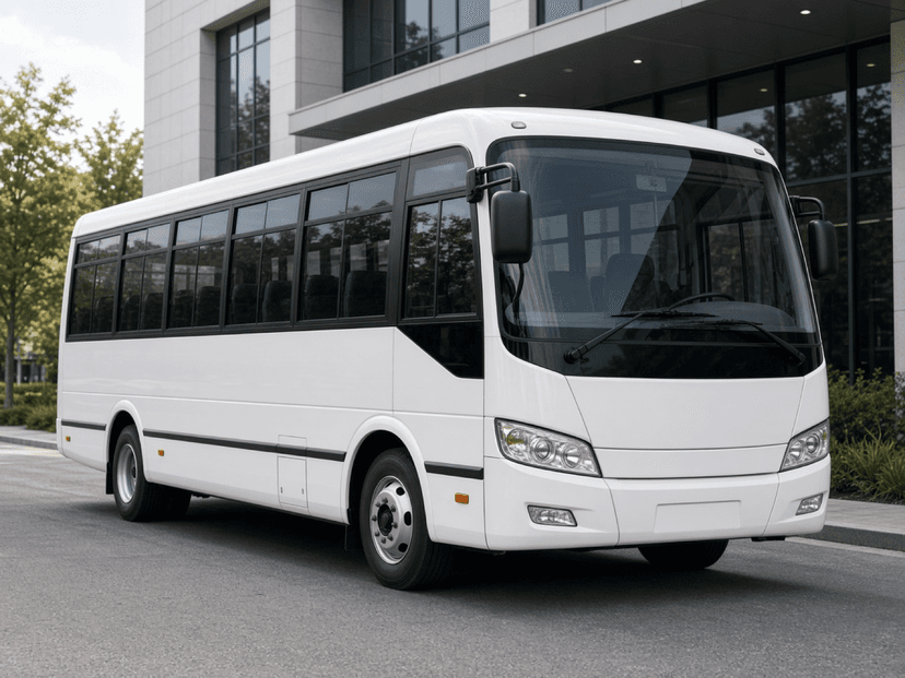 28-passenger shuttle bus, the size that runs hotel-to-venue loops for mid-size company groups