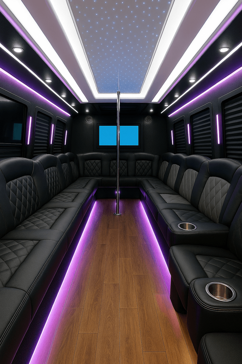 Inside a 28-passenger party bus with seating for a full tailgate crew