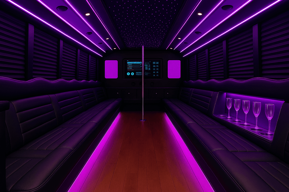 Inside our 32-passenger party bus, with wrap-around seating and floor room for coolers