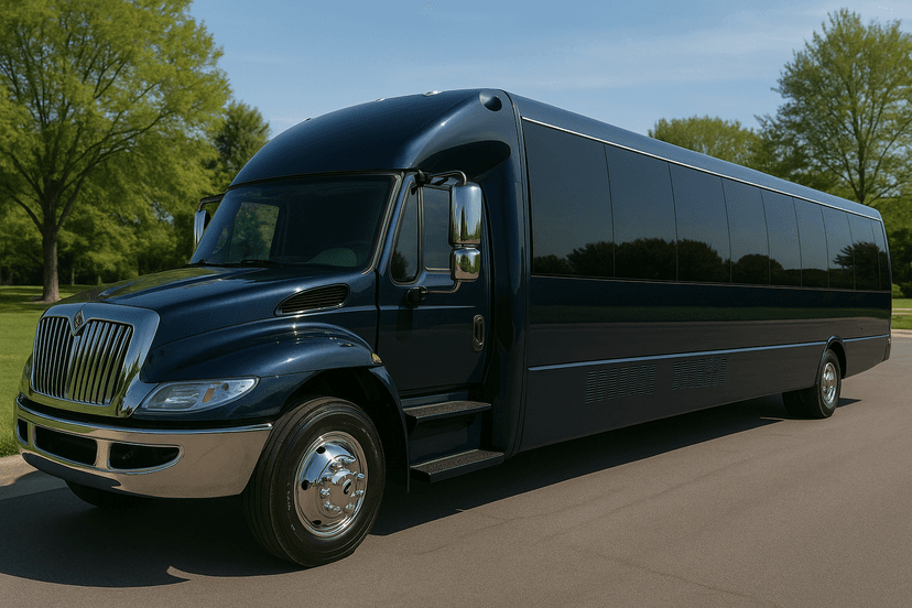 34-passenger party bus, big enough for a tailgate group with coolers and a canopy