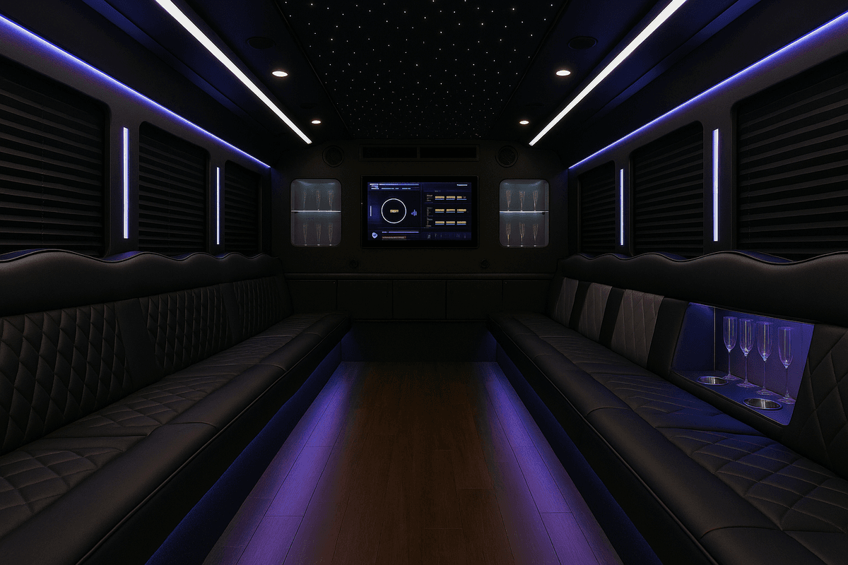 Inside our 34-passenger party bus: leather seating, LED lighting, and a wet bar