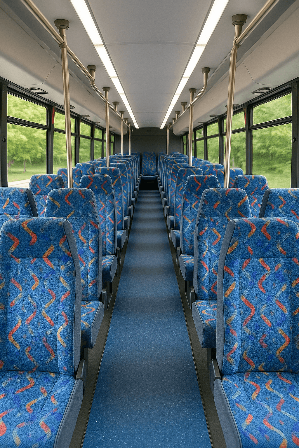 36 Passenger Shuttle Bus interior, a common choice for family reunion in Austin