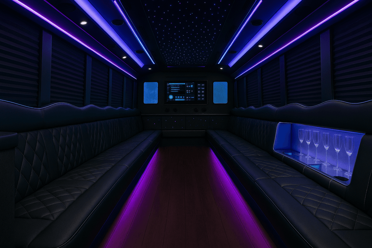 Inside our 38-passenger party bus
