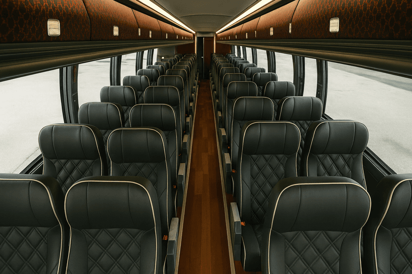 Reclining seats inside a 56-passenger coach bus